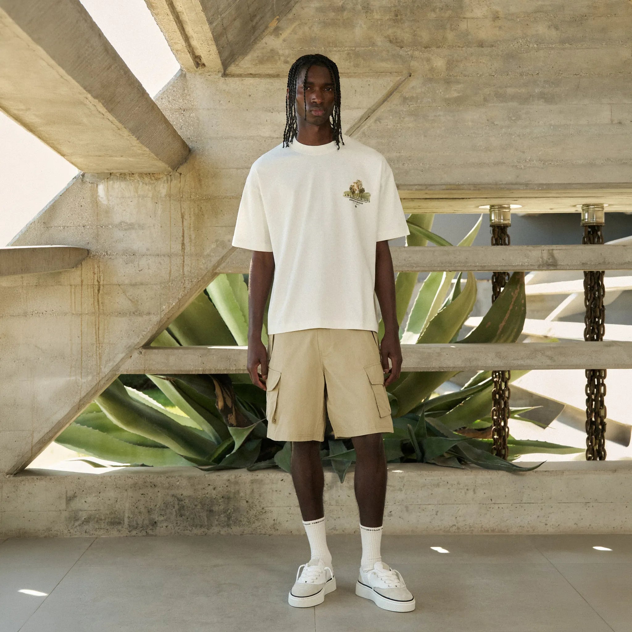 Model View of The Couture Club Palm Springs Graphic Off White T-Shirt